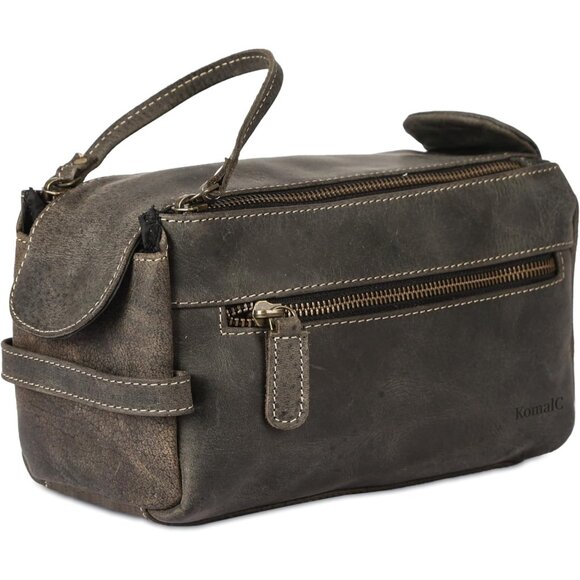 Unisex Charcoal Black Premium Buffalo Leather Toiletry Bag Travel Shaving kit - Picture 1 of 9
